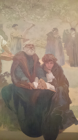 《イヴァンチツェの兄弟団学校》部分、老いた盲人に聖書を朗読する少年